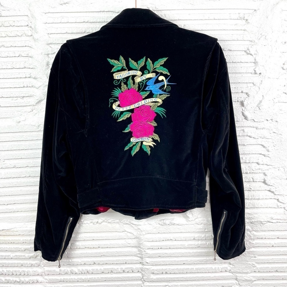 Peter Golding Vintage Black Velvet Moto Jacket Floral Baddie Biker Rocker Edgy S